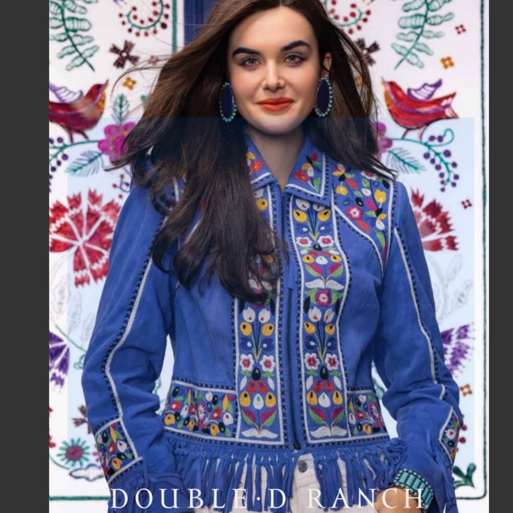 Double D Ranch leather fringe jacket floral embroidered cross stitch RTL $1200